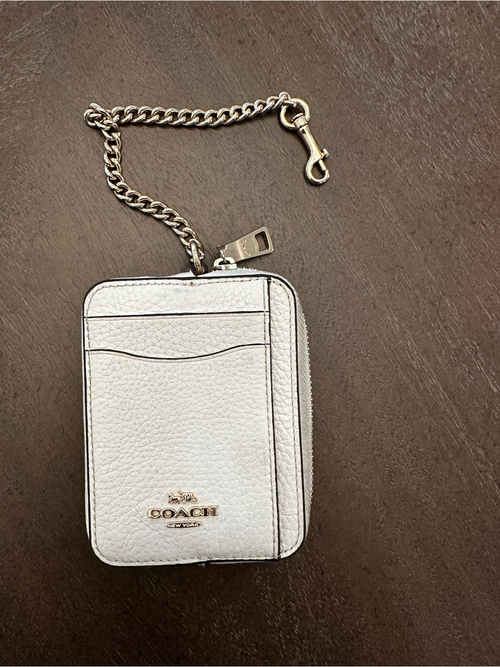 COACH Chalk/White Pebbled Leather Card Case with Chain